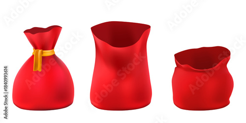 3D open red bag with gold rope, secret million element. Christmas Santa Claus sack pouch on white bg. Realistic new year vector, big magic moneybag present. Festive empty container, tied wrapping set