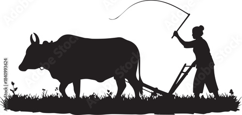 farmer plowing cow in the field silhouette vector flat illustration design