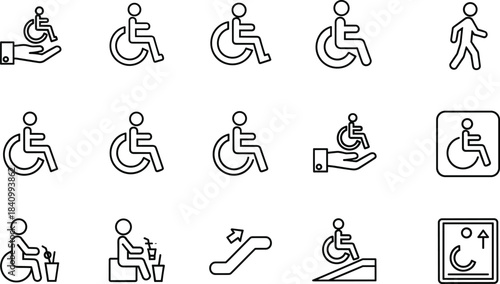 Wheelchair, Disability Access, Mobility, Accessibility, and Handicap Line Icon Set, Ramp, Assistance, Support, Outline Vector