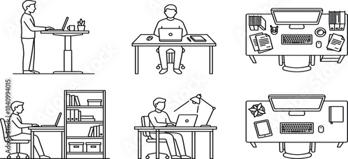 Office workspace illustration, desk setup, ergonomic design, remote work, productivity, black and white line art, top view, seated postureOffice workspace illustration, desk setup, ergonomic design