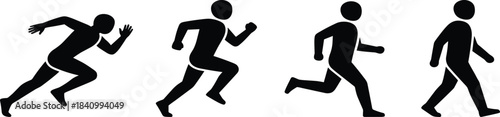Running silhouette sequence, sprinting to walking, athletic motion, human movement, black figure, sports training, dynamic pose, fitness, 