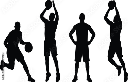 Basketball silhouette, dribbling, shooting, dunking, athletic motion, sports action, black figure, dynamic pose, physical activity, training, movement, formBasketball silhouette, dribbling,