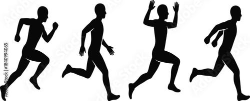 Running silhouette sequence, athletic motion, human biomechanics, sports training, dynamic movement, black figure, fitness pose, sprinting form, exercise illustration,