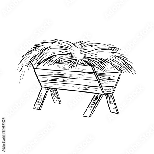 Wooden manger with hay. Black and white vector illustration drawn by hand. Select it. Animal feed. For the design of farm projects, as well as for Christmas decorations, postcards, and more.