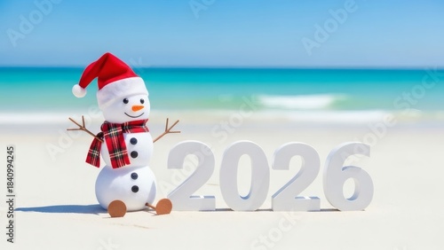 Fototapeta Naklejka Na Ścianę i Meble -  Tropical Christmas Snowman celebrates 2026 on sunny beach Festive vibes.