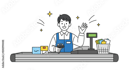 A cheerful male cashier at a supermarket checkout counter smiles and waves while scanning items, with a cash register and groceries.