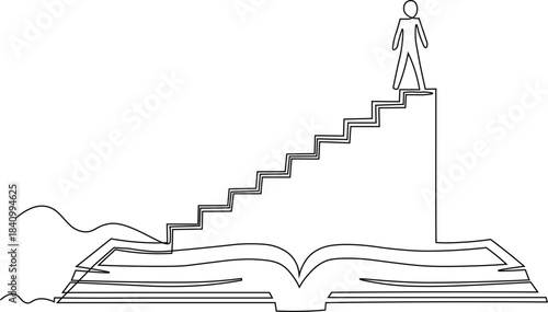 Line  Drawing represents the concept of success through learning or personal growth. Minimalist design that depicts stairs emerging from the open book symbolize education, knowledge leads to success. 