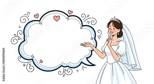 A beautiful, smiling bride in a white wedding dress and veil gestures towards a large, ornate, and empty speech bubble for your text.