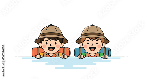 Two cute boys dressed as explorers or campers, with backpacks and safari hats, are peeking over a surface with cheerful expressions.