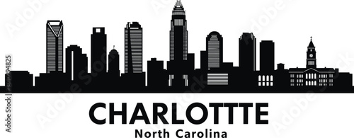 Charlotte skyline silhouette vector, Bank of America Corporate Center, Duke Energy Center, Hearst Tower, North Carolina cityscape, urban skyline illustration, monochrome minimal