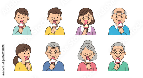 A multi-generational family, including children, parents, and grandparents, are all happily eating delicious ice cream cones together.