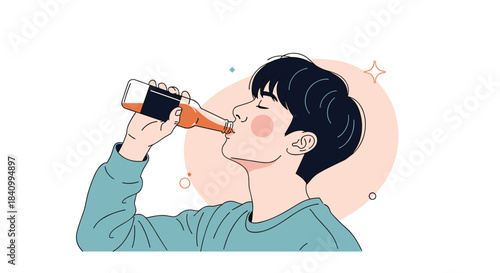 A young man with his eyes closed in satisfaction is drinking a refreshing beverage from a glass bottle in a minimalist, hand-drawn style.