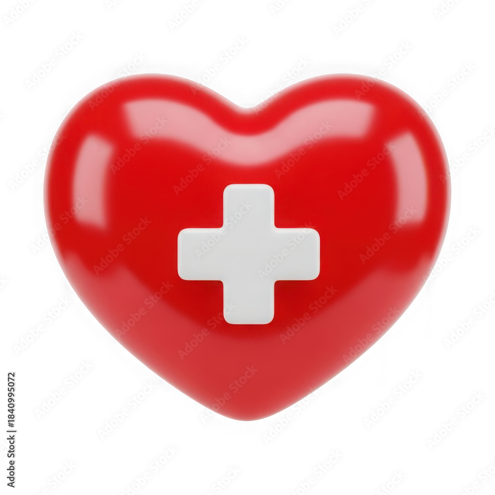 Obraz premium 3d red heart with medical cross symbol isolated on transparent background