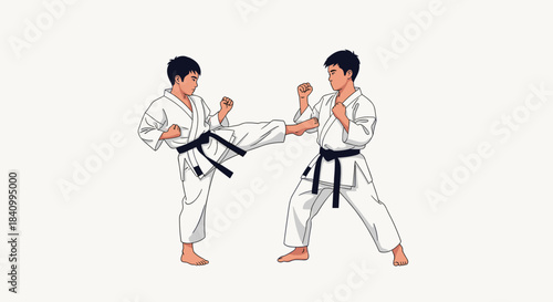 Two men in white gis and black belts are engaged in a karate match, with one executing a precise kick while the other defends.
