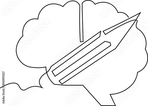 Line art illustration symbolizing creativity and idea. Human brain with a pencil which indicate thinking, learning and expression.Brain storming, creative writing, artistic en devour, educational con 