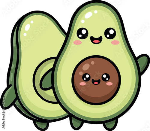 Two cute cartoon avocados smiling with rosy cheeks and big eyes fruit food
