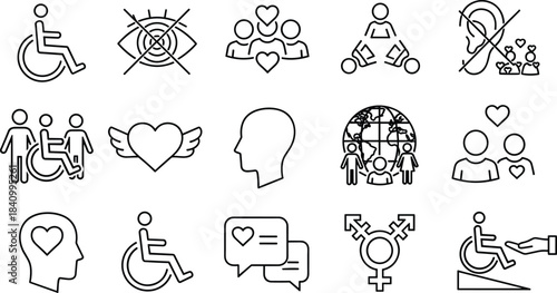 Diversity, Inclusion, Accessibility, Transgender, Disability, and Equality Line Icon Set, Community, Empathy, Outline Vector