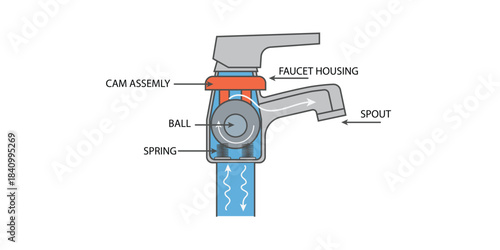Technical cutaway illustration of a faucet valve showing cam assembly, ball mechanism, spring, and water flow, ideal for plumbing education, engineering diagrams, and product design visuals.