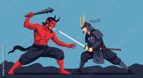 A classic battle scene from Japanese folklore depicting a brave samurai warrior with two swords facing off against a powerful red oni demon.
