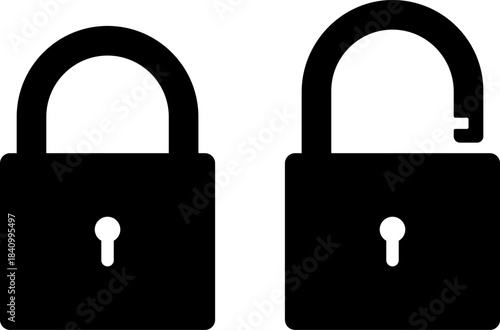 Two black padlocks one locked one unlocked vector icon