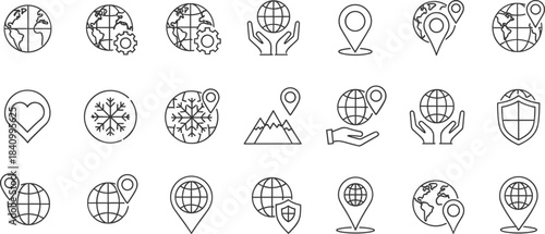 Global Location, Earth, Pinpoint, Navigation, Environment, and Security Line Icon Set, World Map, Travel, GPS, Ecology, Outline Vector
