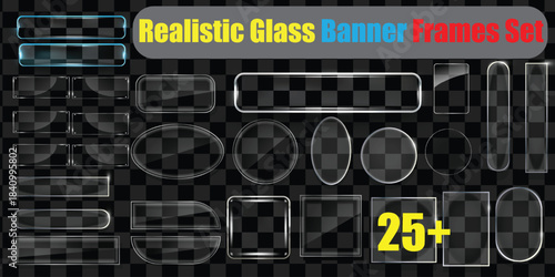 Realistic abstract modern empty plates set on transparent background for ad. Realistic glass liquid frames set with transparent edges.