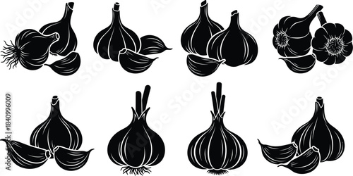 Stylized black and white illustration of various garlic bulbs and cloves