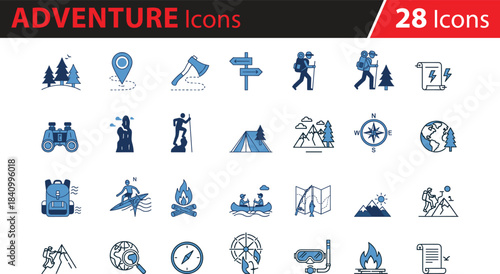 Outdoor adventure icons vector set, hiking, camping, travel, navigation, forest, backpack, compass, canoeing, fishing, exploration, mountain climbing, tent, campfire, nature journey