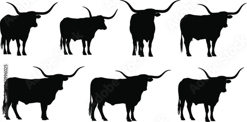 Silhouettes of longhorn cattle in various poses and arrangements