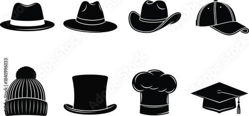 Variety of hats fedora baseball cap beanie top hat and graduation cap