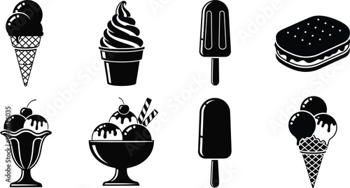 Black and white illustration of various sweet treats and a hamburger