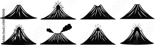 Black and white illustration depicting multiple stages of a volcanic eruption