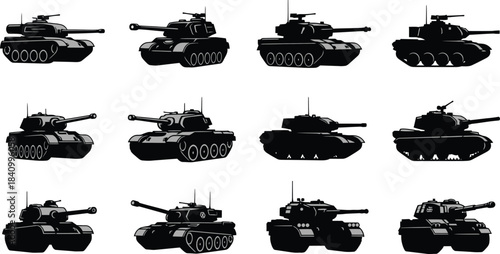 Silhouette collection of military tanks in a grid pattern dark monochrome