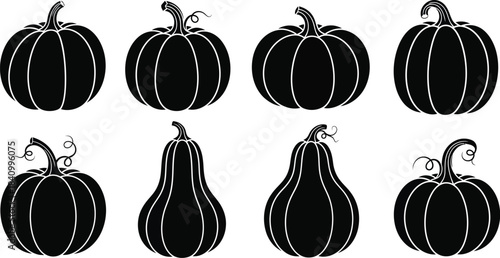 A collection of stylized black and white pumpkins and gourds illustration