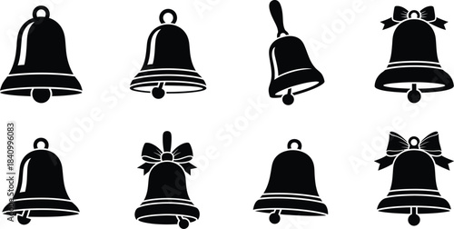Collection of simple black silhouette bells in various shapes and styles