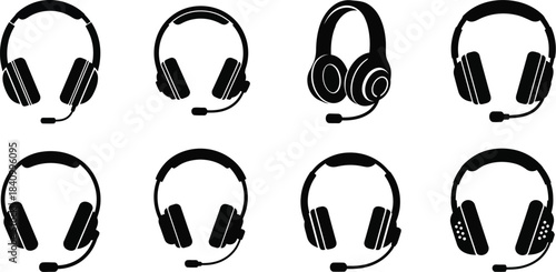 Collection of various black headphone icons with built in microphones shown