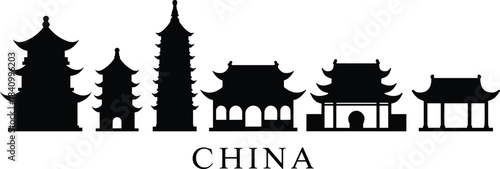 China skyline silhouettes, traditional pagoda vector, Chinese architecture icons, oriental pavilion roofline, heritage skyline, Asian temple outline, cultural landmark set