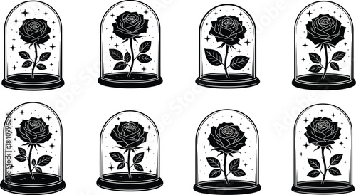 Black roses preserved in glass domes a repeating pattern illustration