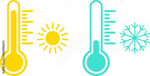 Thermometers showing hot and cold temperatures with sun and snowflake icons