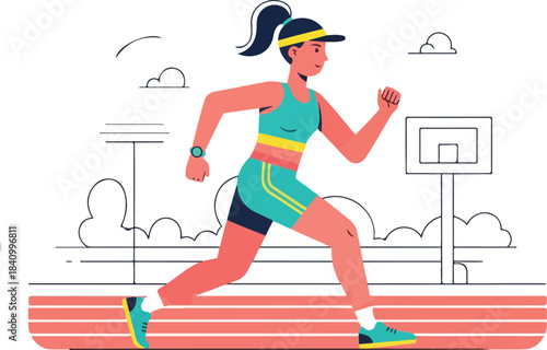 A minimalist, flat illustration in a bright, cheerful, and slightly whimsical style, Confident female athlete ready for running
