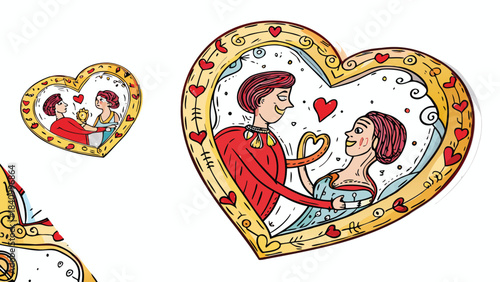 Whimsical heart shaped frame with a couple in love surrounded by hearts and decorative elements celebrating romance and affection