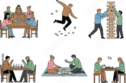 Vector Illustration Set of People Playing Board Games, Card Games, Jenga, and Chess, Representing Leisure, Family Fun, Social Activity, and Entertainment.