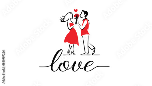 Romantic couple in red dress and shirt exchanging a bouquet of roses with a heart above them and the word love written below in elegant script on a white background