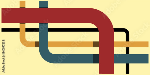 Modern abstract illustration showcasing a complex network of colorful, intertwining pipes, symbolizing connection, flow, and intricate pathways