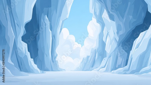 Pixel Art Ice Cave Entrance With Bright Sky And Clouds In Winter