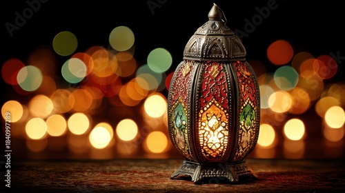 Ornate Lantern Lit With Candle Against Blurred Bokeh Lights Festive Decoration