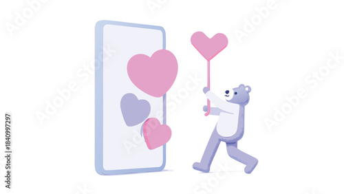 Cute cartoon bear character holding a pink heart lollipop in front of a smartphone screen displaying multiple pink and purple hearts representing online love and connection