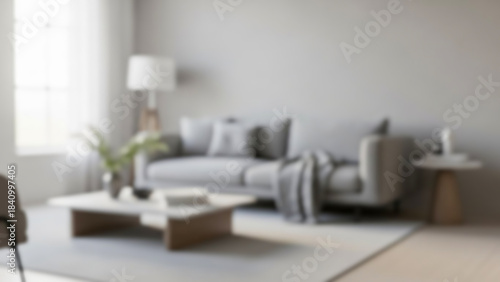 Blurred Serene living room with neutral tones and modern furniture, perfect for interior design inspiration
