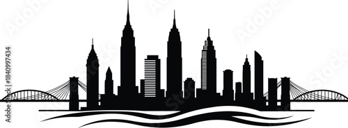 City skyline silhouette, urban architecture, suspension bridges, waterfront buildings, black and white vector, metropolitan landscape, modern skyscrapers, iconic cityscape, riverfront view
