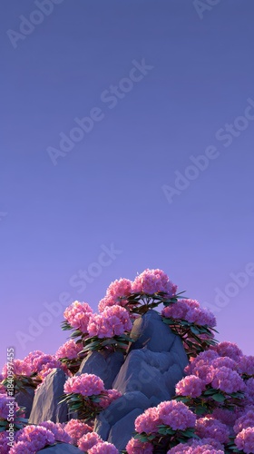 Pixelated Mountain Top Adorned With Pink Blossoms Against A Soft Purple Sky
